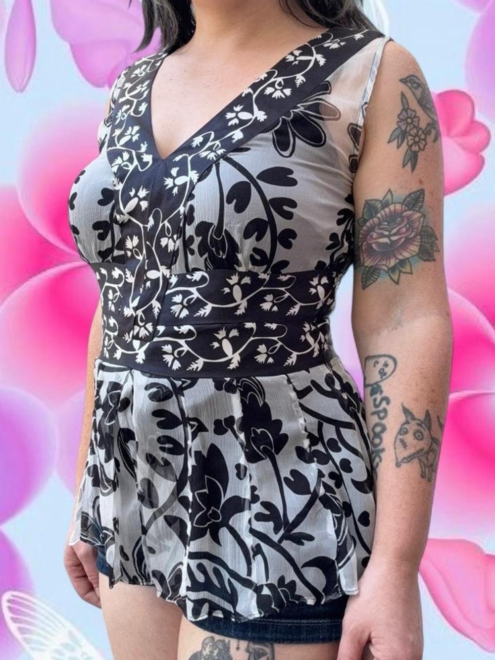 RARE vtg y2k floral babydoll tanktop - e.c.i. new york, sz 4/sm, can fit md